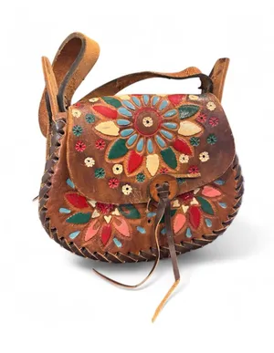 Vintage 70s Hand Tooled Brown Leather Floral Crossbody Boho Mexican Saddle Bag thumbnail 1