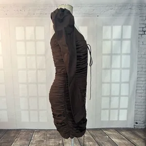 🔥5/$25 sale🔥 Zara Brown Long Sleeve Puff Sleeve ruched Body con Dress Size S thumbnail 10
