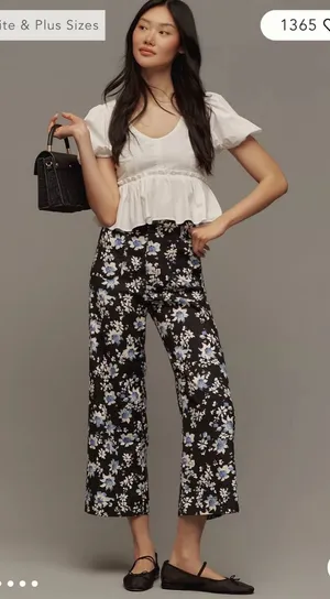 Anthropologie Black Floral Cropped Wide-Leg Pants thumbnail 1