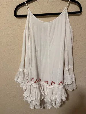 Free People White Cotton Asymmetrical Dress with Red Embroidery thumbnail 4