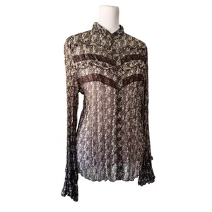 Vintage ‘00s Apt. 9 Sheer Brown Floral Print Accordion Pleat Long Sleeve Blouse thumbnail 6