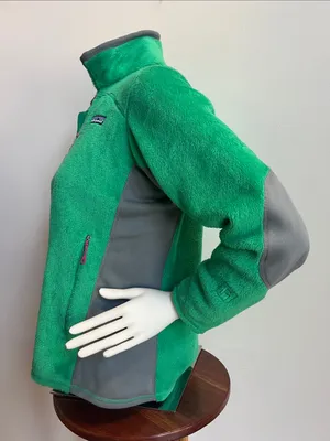Patagonia Green Teddy Fleece Jacket with Gray Panels 3 zip pockets cozy thumbnail 4