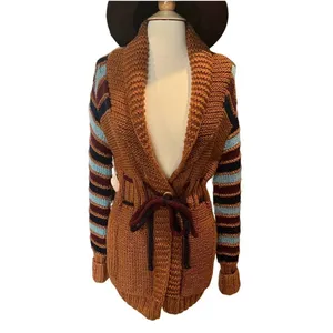 Vintage X-RATED Handknit Statement Cardigan Striped Sleeves Belted M thumbnail 3