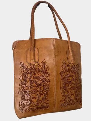 Vintage Mexican Hand Tooled Leather Tote Floral Carved Western Boho Shoulder Bag thumbnail 1