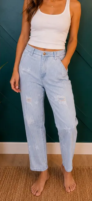 easel Distressed Star Print Light Wash Jeans Women’s Casual Denim Pants thumbnail 1
