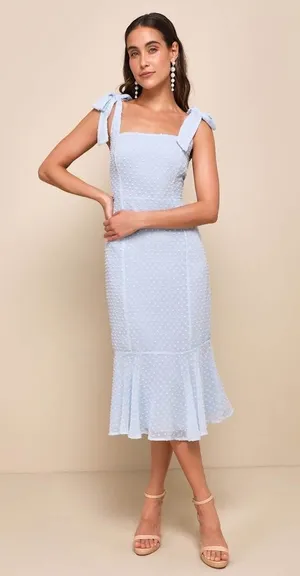 NWT Lulus Bimini Periwinkle Blue Swiss Dot Tie-Strap Midi Dress Vacay Size M thumbnail 1