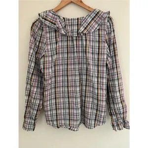 LOFT Multicolor Plaid Ruffle Collar V-Neck Button-Up Long Sleeve Top Preppy M thumbnail 7