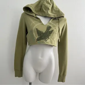 NEW Aerie bird Cropped Hoodie sweatshirt olive Green SMALL thumbnail 3