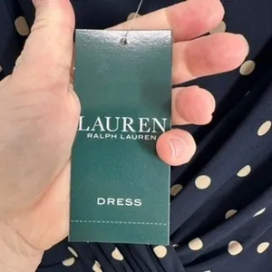Lauren Ralph Lauren Navy Blue Tan Polka Dot Ruched Sheath Dress‎ Size 8 NWT thumbnail 5