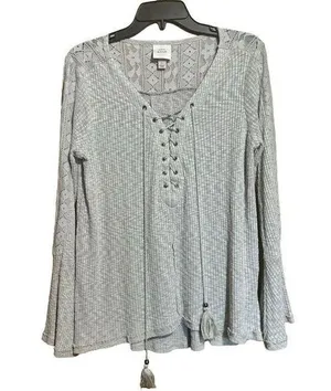 Knox Rose Top Womens Large Gray Waffle Knit Boho Stretch Blouse Ladies thumbnail 1