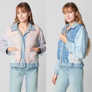 BLANK NYC Reversible Quilted Denim Jacket Large Blue Floral Snap Front Coat thumbnail 2
