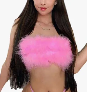 Amazon Women Feather Crop Tops Faux Fur Spaghetti Straps Tube Top thumbnail 1
