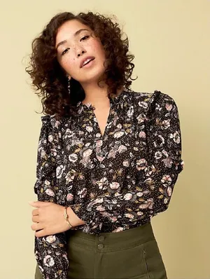 Loft Black and White Floral Ruffle Key Hole long sleeve pullover top size small thumbnail 1