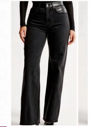 Abercrombie Relaxed Black Jeans with Faux Leather Detail thumbnail 1