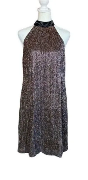 Laundry by Shelli Segal Metalli Gold Shimmer & Black Satin Bow Halter Mini DSz 6 thumbnail 1