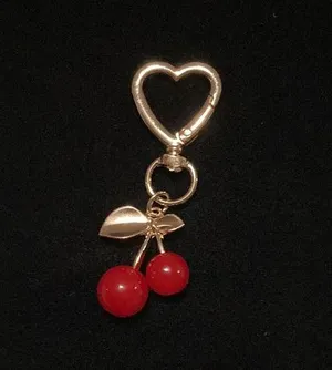 Gold-tone Red Cherry Keychain or Bag Charm on Swivel Heart Clip thumbnail 1