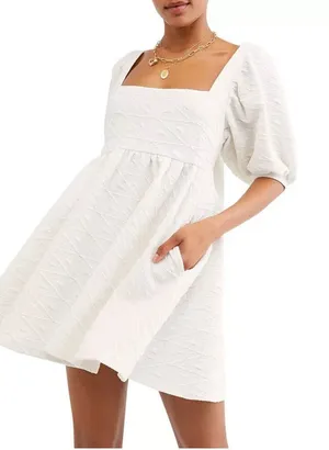 Free People Violet‎ Mini Dress White Puff Sleeve Bow Back NWT M thumbnail 1
