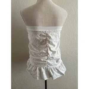 Unbranded Eyelet Lace Tube Top Size L White Ruched Ruffle Hem Strapless thumbnail 3