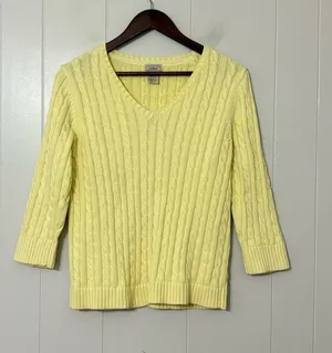L.L.Bean Cable Knit Sweater Yellow Cotton V Neck 3/4 Sleeve Womens M thumbnail 1