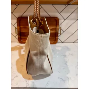 Michael Kors Montauk canvas shoulder bag cream fabric brown leather handles Y2K thumbnail 7