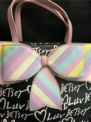 Betsey Johnson Graffiti Print Black Shoulder Bag With Pastel Striped Bow thumbnail 6