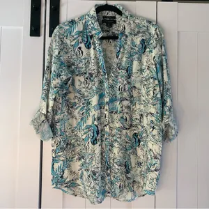 Tahari Womens 100% Linen Shirt Tropical Bird Print Button Up Coastal Resort thumbnail 4