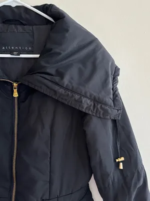 attention Black Fitted Puffer Jacket, Wide Collar, Gold Hardware, Size Small thumbnail 16