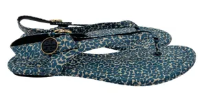 Tory Burch Minnie Travel Sandal Blue Leopard Print‎ Leather Thong Slingback 8M thumbnail 1