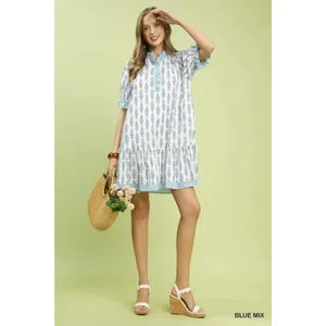 Umgee Striped Trim Floral Tiered Mini Dress - Blue Mix - Medium thumbnail 5