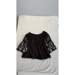 Free People Black Embroidered Off The Shoulder Bell Sleeve Boho Top Medium thumbnail 2