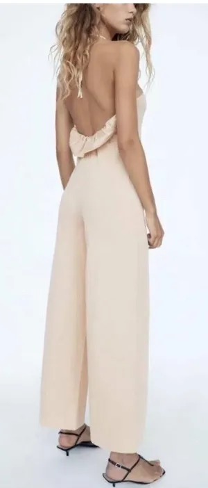 Zara Halter Ruffle Back Wide Leg Jumpsuit Beige Size Small Cotton Stretchy NWT thumbnail 1