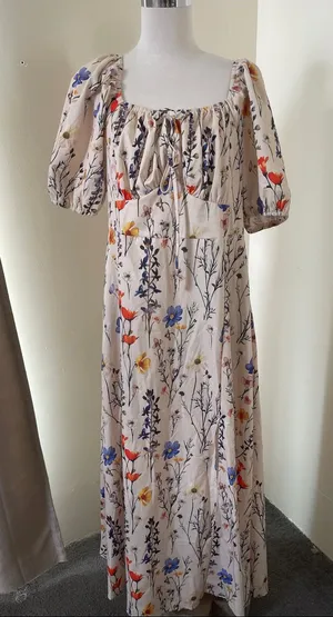 Women's Cream Floral Maxi Dress with Puff Sleeves thumbnail 1