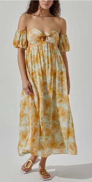 ASTR The Label Floral Off Shoulder Midi Dress Orange Yellow Size M Romantic🌼 thumbnail 1