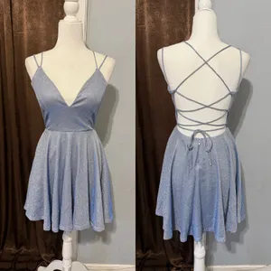 Windsor Light Blue Glitter Skater Dress Siz S V-Neck Lace Up Back Mini Prom Glam thumbnail 3