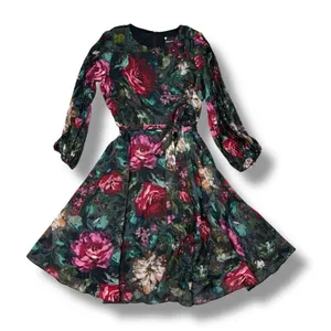 Maison Tara Dark Floral Pleated Sleeve Chiffon Fit Flare Dress Black Multi 10‎ thumbnail 13