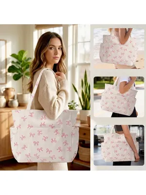 Cream Tote Bag with Pink Bow Print for Women W thumbnail 3