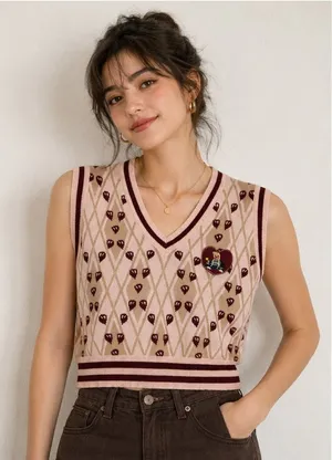 Sleeveless V-Neck Heart Argyle Knit Vest in Blush thumbnail 1