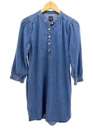 Gap Denim Blue Cotton Band Collar Button Front Shift Dress Womens Small Pockets thumbnail 1