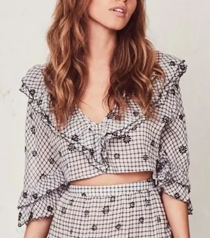LoveShackFancy Blake Cropped Floral Ruffle Blouse Black White Women's size Large thumbnail 1