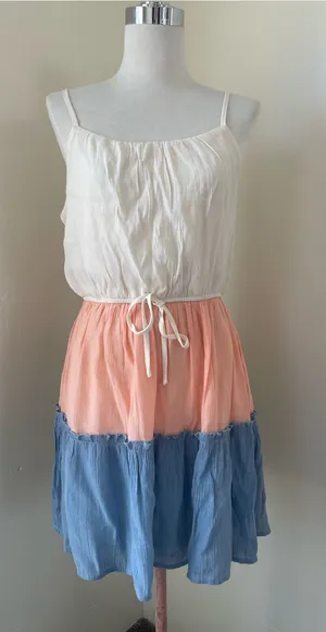 AUW Cream, Peach & Blue Tiered Mini Dress thumbnail 1