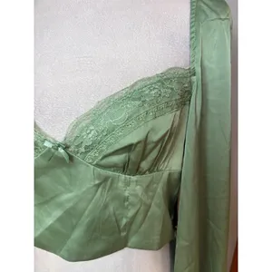 Princess Polly Sage Green Satin‎ Lace Trim Long Sleeve Festival Crop Top US 8 thumbnail 2