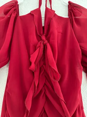 red ruffled ruched flowy salsa emoji asymmetrical dress thumbnail 4