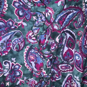 Talbots Womens Large Paisley Ruffle V-Neck Blouse Green Purple Long Sleeve Top thumbnail 6