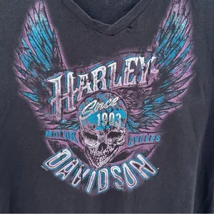 HARLEY-DAVIDSON H-D Pig Trail‎ Pink Purple Skull Wings Graphic V Neck Womens XL thumbnail 4