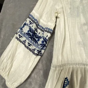 Free People Mini Dress Medium White Embroidered Blue Boho Cinch Artsy Beachy thumbnail 11