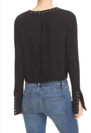 Free People Jump to The Beat Sz M Black Blouse Bell Sleeve Boho Grunge Top Lace Up thumbnail 11