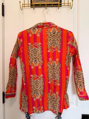 Cotton Long Pajama Set in Tibetan Tiger Pink & Orange thumbnail 7