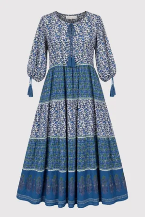 Daughters of India Maxi Dress Blue Floral Ditsy Tiered A Line Flowy Boho Medium thumbnail 1