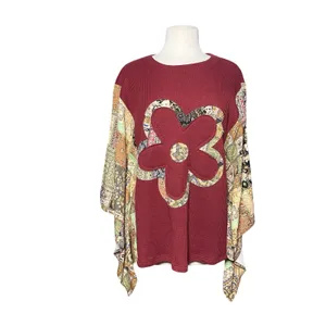 NWT DANI & DAVI Women’s Boho Flower Appliqué Printed Poncho Top thumbnail 4