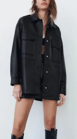 Zara Faux Leather Overshirt, Shacket In Black Size M thumbnail 1